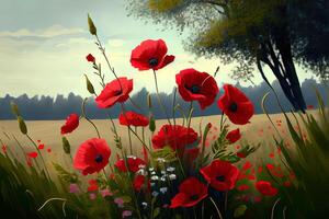 summer meadow with red poppies, nice color. photo
