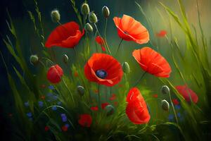 summer meadow with red poppies, nice color. photo