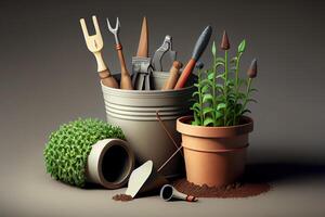 Gardening tools and plants. photo