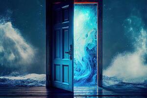 Creative background. Old wooden door, blue color, in the box. photo