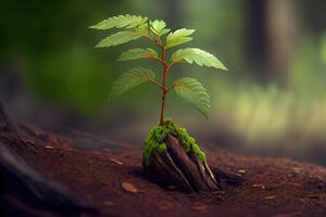 joven serbal árbol planta de semillero crecer desde antiguo tocón en Polonia bosque. generativo ai foto