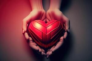 Adult and child hands holding red heart, health care, love and family insurance concept. photo