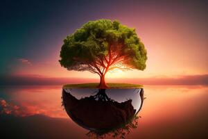 Panorama small tree growing with sunrise. green world and earth day concept. photo