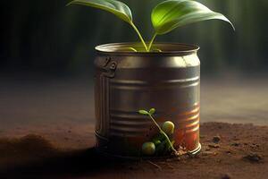 New sprout inside an old tin can. photo