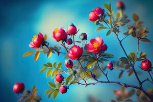 Beautiful spring border, blooming rose bush on a blue background. photo