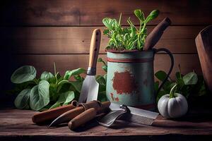 jardinería herramientas en antiguo madera mesa. generativo ai foto