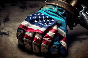 Worn work glove holding old wrench and US American flag. photo