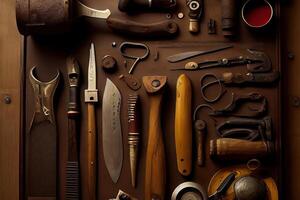 Crate with different carpenter's tools on wooden table. photo