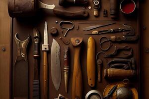 Crate with different carpenter's tools on wooden table. photo