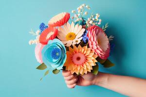 Man holding beautiful flower bouquet on blue background. photo