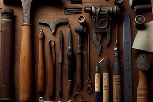 Crate with different carpenter's tools on wooden table. photo