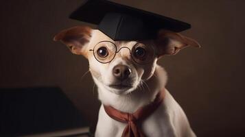 Cute small ginger white dog student in glasses and an academic cap Mortarboard next to books Study and education concept photo