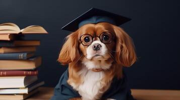 Cute small ginger white dog Cavalier King Charles Spaniel student in glasses and an academic cap Mortarboard next to books Study and education concept photo