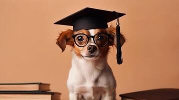 Cute small ginger white dog student in glasses and an academic cap Mortarboard next to books Study and education concept photo