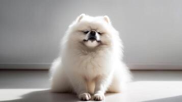ai generated Cute cheerful white fluffy spitz dog stretching front paws in a light room generative AI photo
