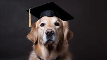 Cute dog Golden Retriever student in academic cap Mortarboard next to books against dark background Study and education concept photo