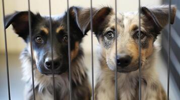 two mixed breed puppies or young dogs sitting in cage in shelter pet adoption concept photo