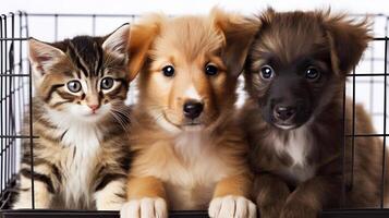 two mixed breed puppies and tabby kitten sitting in cage in shelter pet adoption concept photo