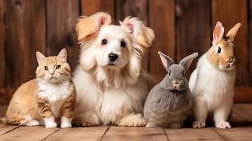 two rabbits, cute fluffy dog and red ginger cat sitting side by side in shelter pet adoption concept photo