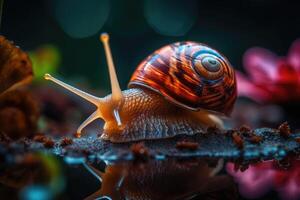 A slow grape snail crawls in the forest. Bokeh in the background. photo