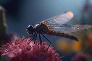 A macro shot of a dragonfly with delicate transparent wings on a flower. photo