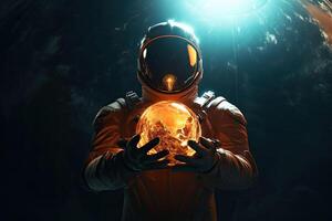 An astronaut holds a glowing ball in his hands. Mysterious background. photo