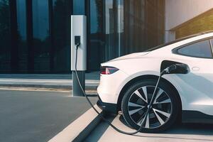 el eléctrico coche es cargando en estacionamiento con el cargando estación. generativo ai foto