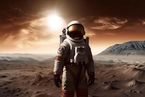 The astronaut in space suit walking on planet. Exploration of the planet's surface. photo