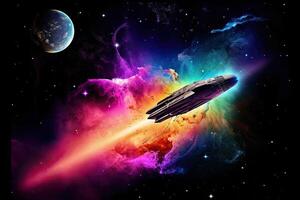 A spaceship fly around the moon. A nebula on the background in bright neon colors. photo