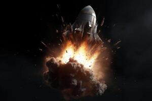 The spaceship explodes after launch. Failed rocket lift off and space mission failure. photo