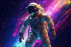 astronauta hacer paseo espacial en exterior espacio . astronauta flotador en espacio. brillante antecedentes. generativo ai foto