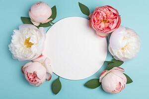 el parte superior ver flatlay ilustración de un blanco circulo con peonía y rosas. generativo ai foto