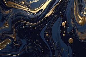 Liquid swirls in navy blue colors with gold powder. Luxurious design Wallpaper. photo