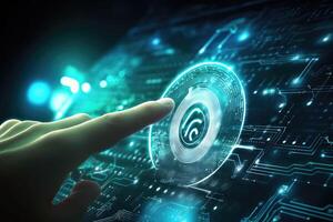 Cyber security and online data protection on internet. Finger touching HUD interface. photo