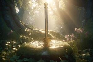 Magic sword in the stone. Medieval sword of legend, magic and power. photo