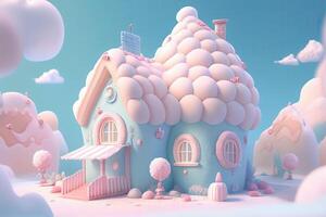pequeño linda caramelo aldea. crema pastel casa, jalea ventanas, algodón caramelo nubes, pirulí arboles generativo ai foto