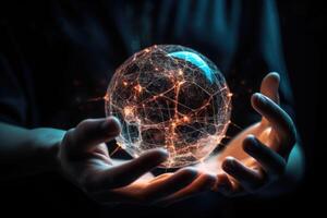 Artificial intelligence development for future of people living. Two hands hold a glowing ball of energy. photo
