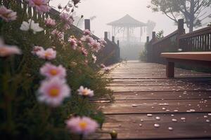 Flower wonderland with a boardwalk. Foggy background. photo