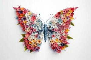 Butterfly made of flowers on white background. Minimal spring or nature concept. photo