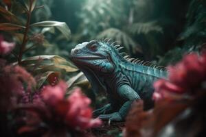 Iguana in the tropical rainforest. Lizard in the jungle. photo