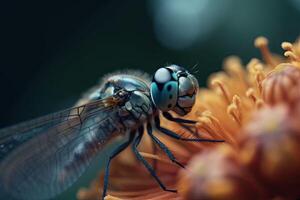 un macro Disparo de un libélula con delicado transparente alas en un flor. generativo ai foto