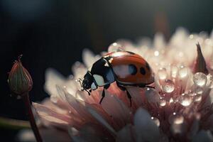 The ladybug sits on a flower. Macro shot, close up. Generative AI photo