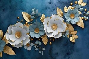 The marble texture in blue and gold colors with golden flowers. Luxurious design. photo