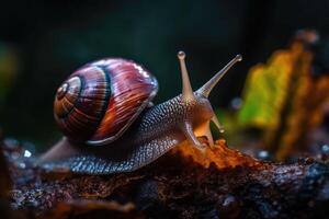 A slow grape snail crawls in the forest. Bokeh in the background. photo