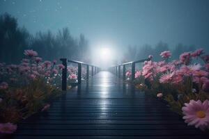 Flower wonderland with a boardwalk. Foggy background. photo