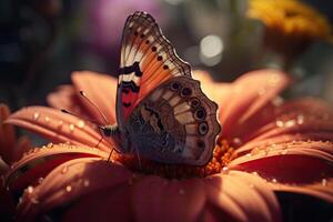 Colorful butterfly is sitting on a flower, close up. Butterfly in the morning nature. photo