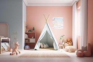 Kids room with a wigwam, a plush and wooden toys. Stylish and cute child room decor. Generative AI photo