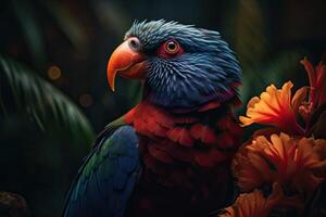 Colored tropical bird and beautiful surreal flowers. photo