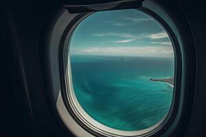 View of the beach and sea the airplane window. Travel and tourism concept. photo