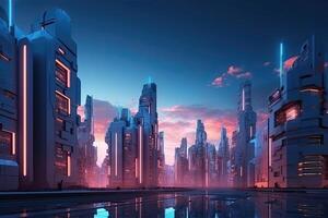 Modern futuristic glowing city with tall skyscrapers and modern technology. photo